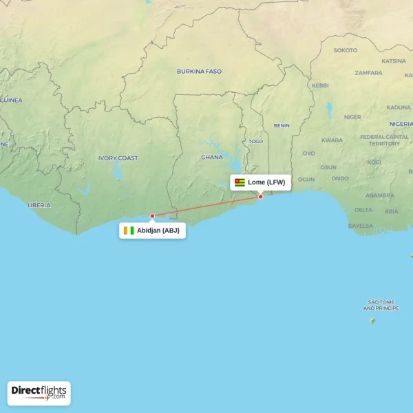 Lome - Abidjan direct flight map
