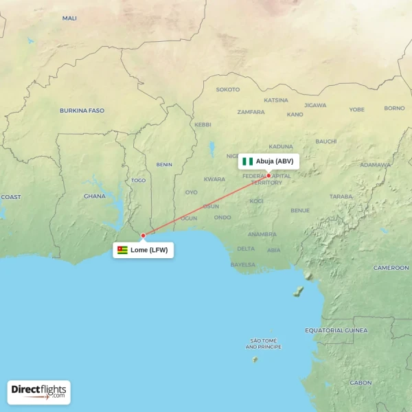 Lome - Abuja direct flight map