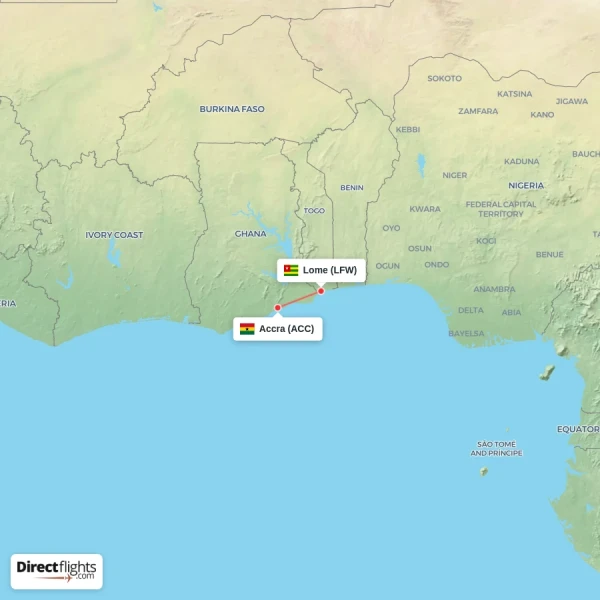 Lome - Accra direct flight map