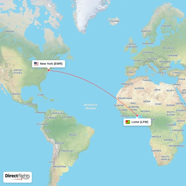 Lome - New York direct flight map