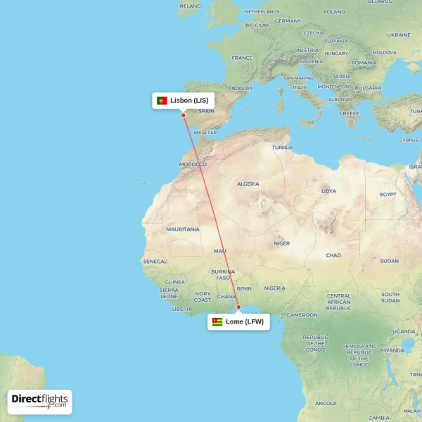 Lome - Lisbon direct flight map