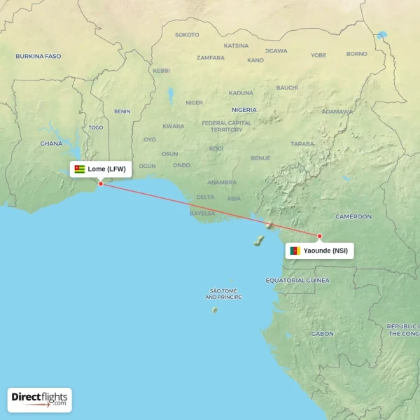 Lome - Yaounde direct flight map