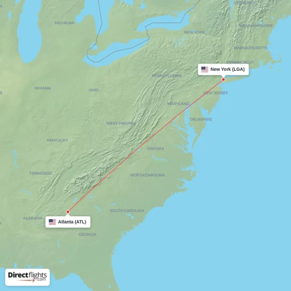 New York - Atlanta direct flight map