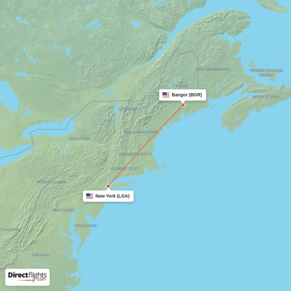 New York - Bangor direct flight map