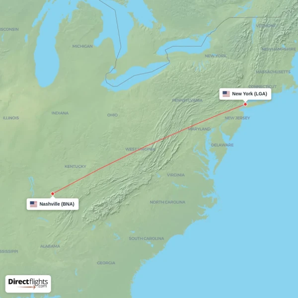 New York - Nashville direct flight map