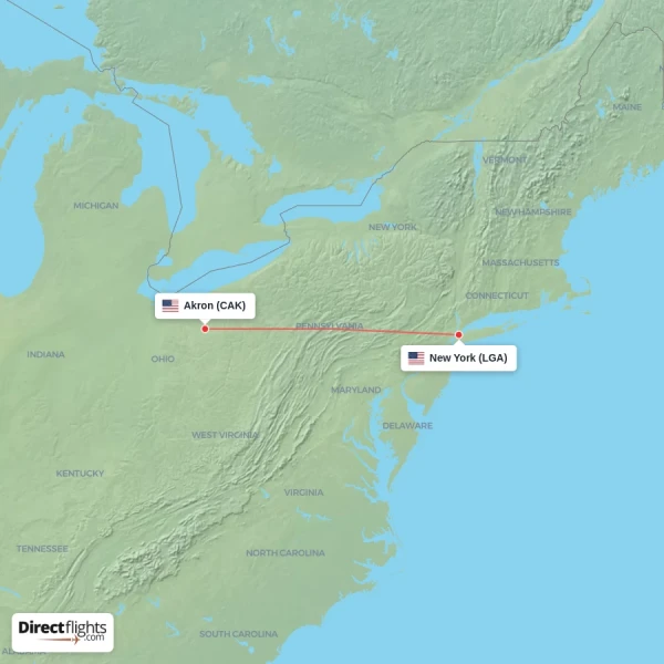 New York - Akron direct flight map