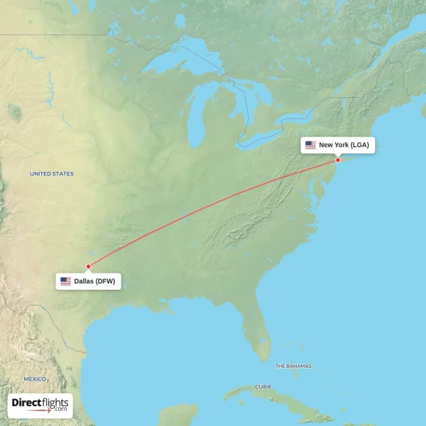 New York - Dallas direct flight map