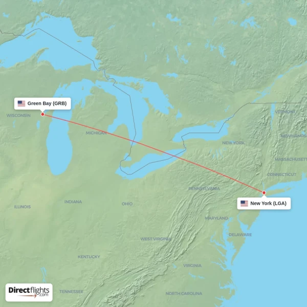New York - Green Bay direct flight map