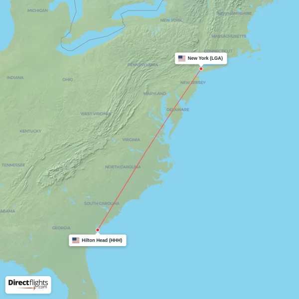 New York - Hilton Head direct flight map