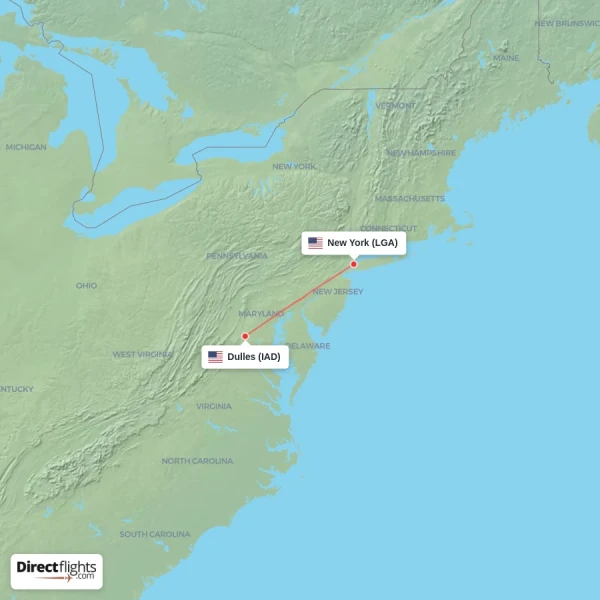 New York - Dulles direct flight map