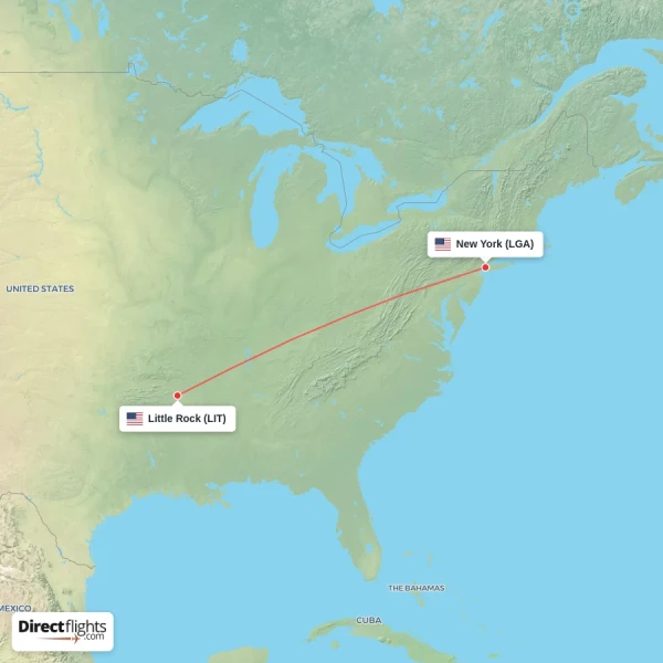 New York - Little Rock direct flight map