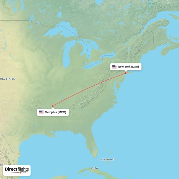 New York - Memphis direct flight map