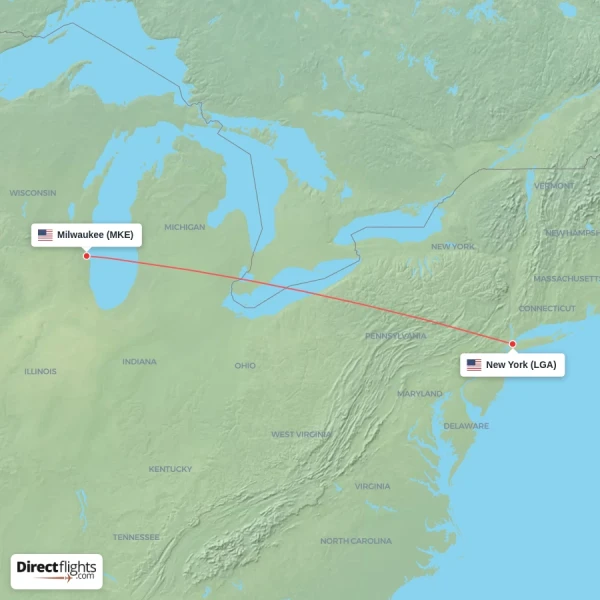 New York - Milwaukee direct flight map