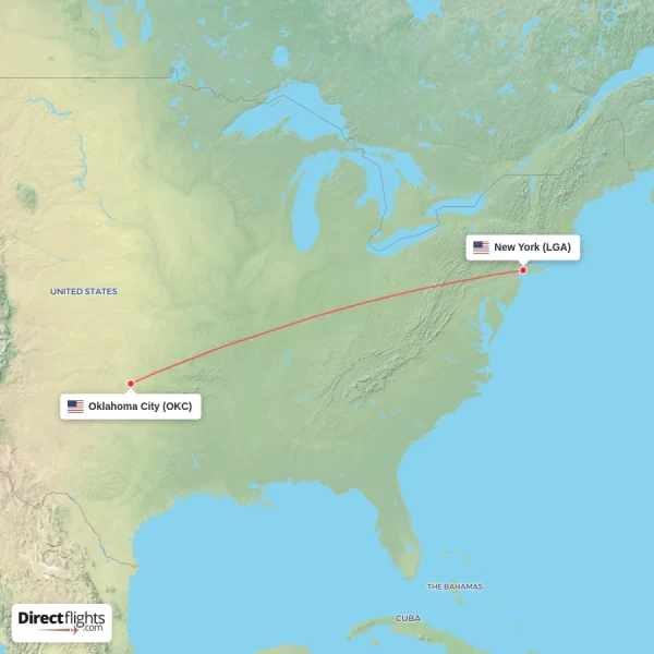 New York - Oklahoma City direct flight map
