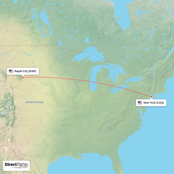 New York - Rapid City direct flight map