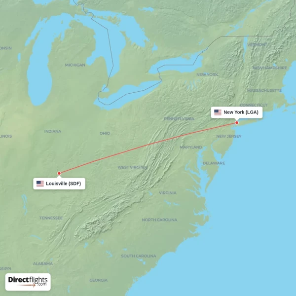 New York - Louisville direct flight map