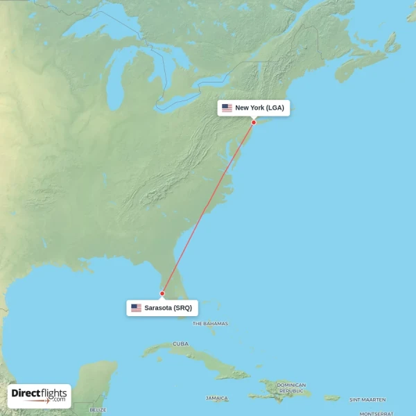 New York - Sarasota direct flight map