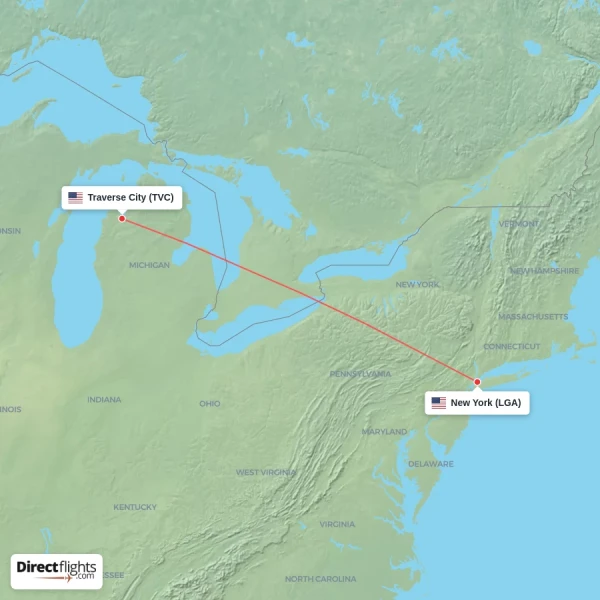 New York - Traverse City direct flight map