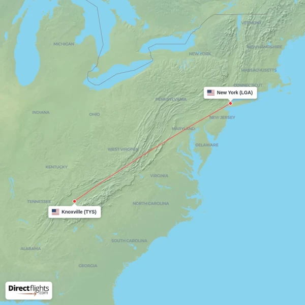 New York - Knoxville direct flight map