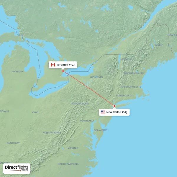 New York - Toronto direct flight map