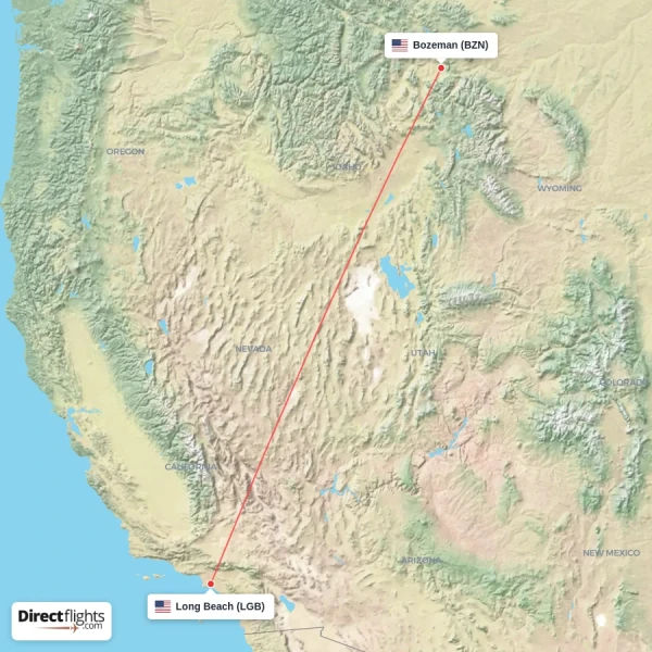 Long Beach - Bozeman direct flight map