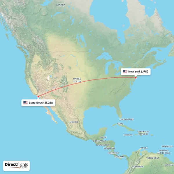 Long Beach - New York direct flight map