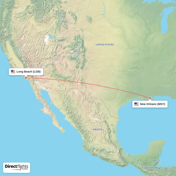 Long Beach - New Orleans direct flight map