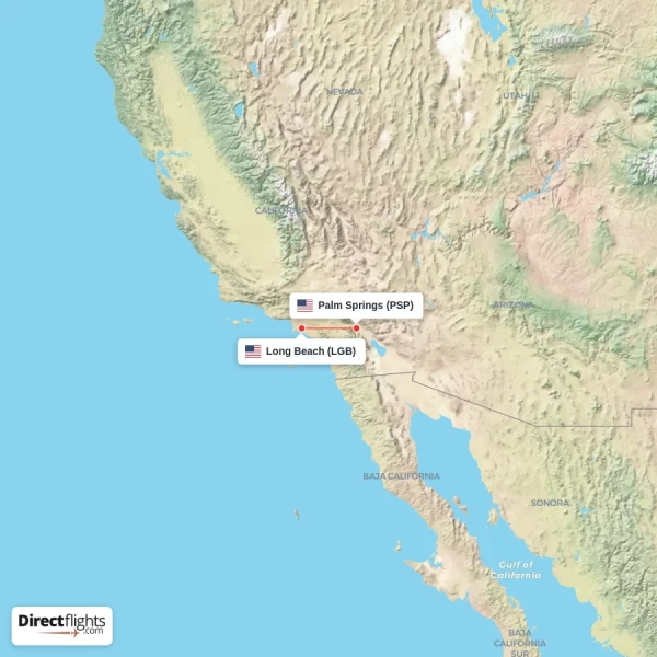 Long Beach - Palm Springs direct flight map
