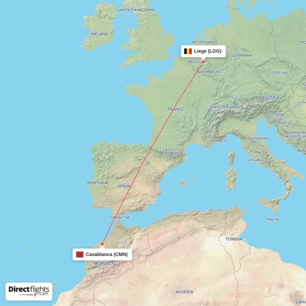 Liege - Casablanca direct flight map