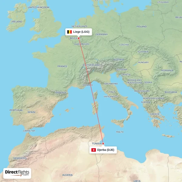 Liege - Djerba direct flight map