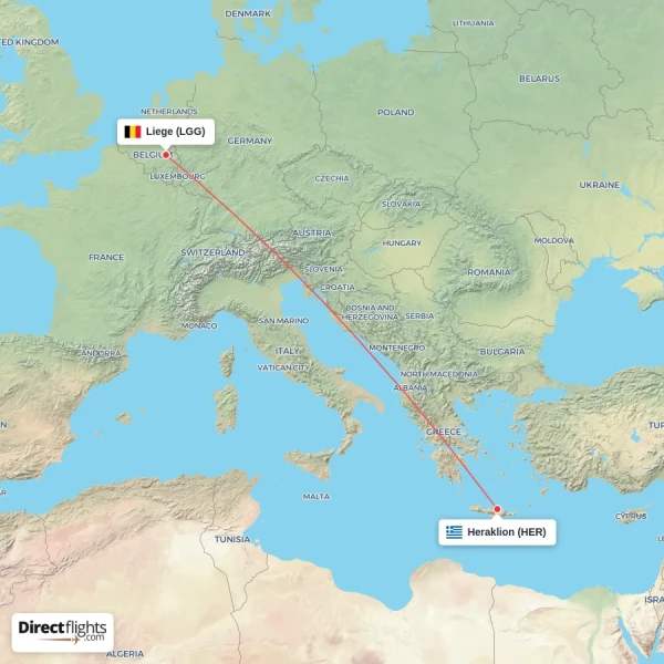Liege - Heraklion direct flight map