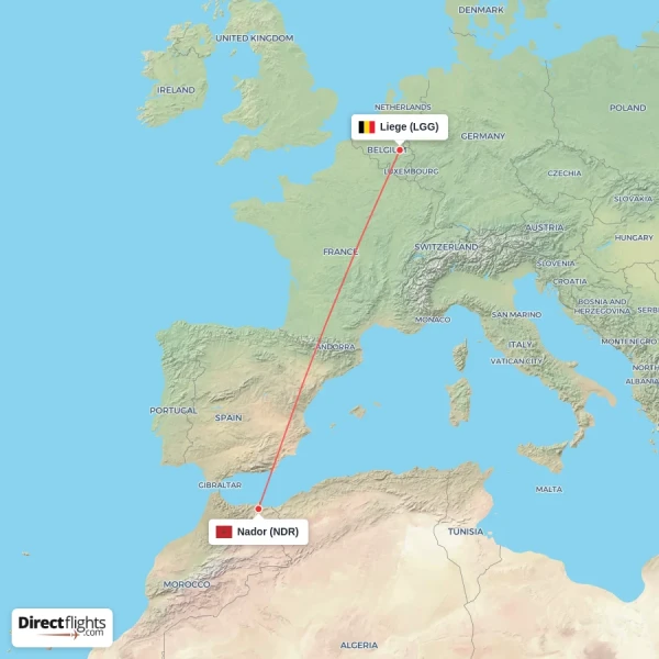 Liege - Nador direct flight map