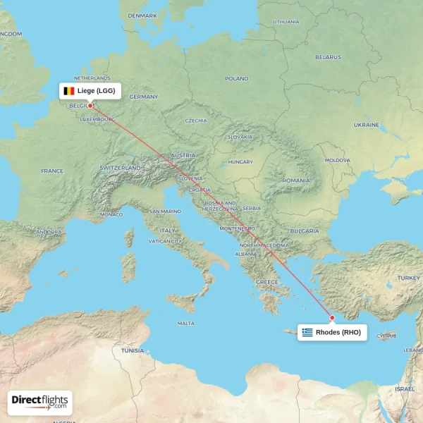 Liege - Rhodes direct flight map