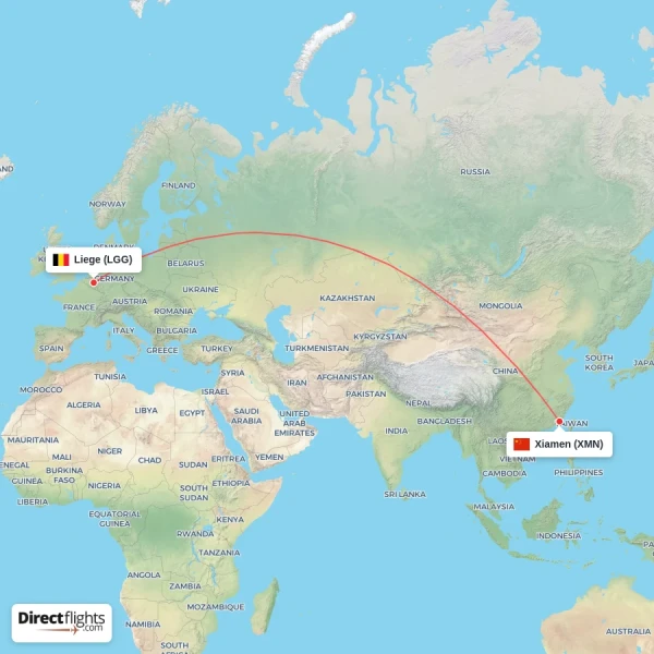 Liege - Xiamen direct flight map