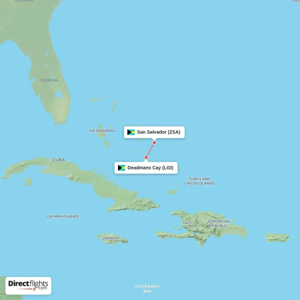 Deadmans Cay - San Salvador direct flight map