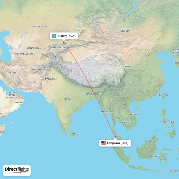Langkawi - Almaty direct flight map