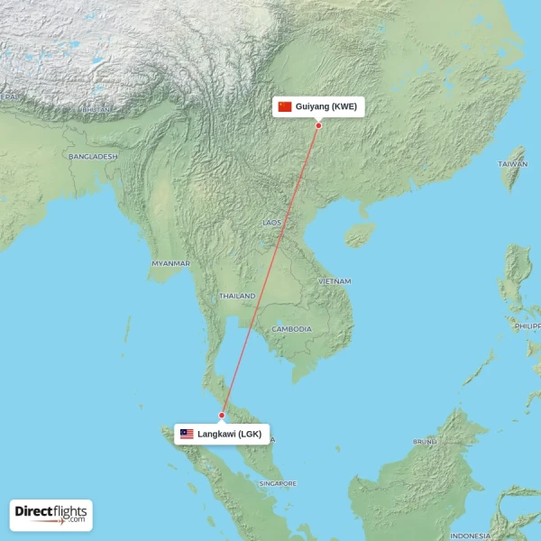 Langkawi - Guiyang direct flight map