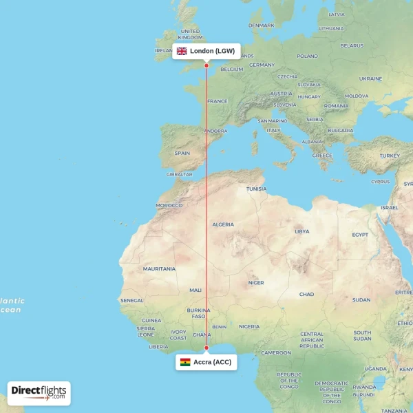 London - Accra direct flight map
