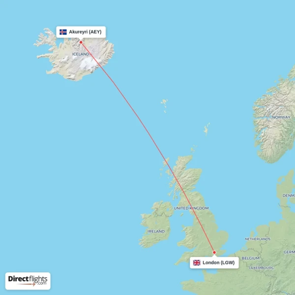 London - Akureyri direct flight map