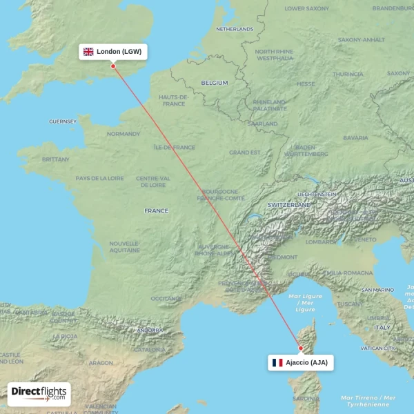 London - Ajaccio direct flight map