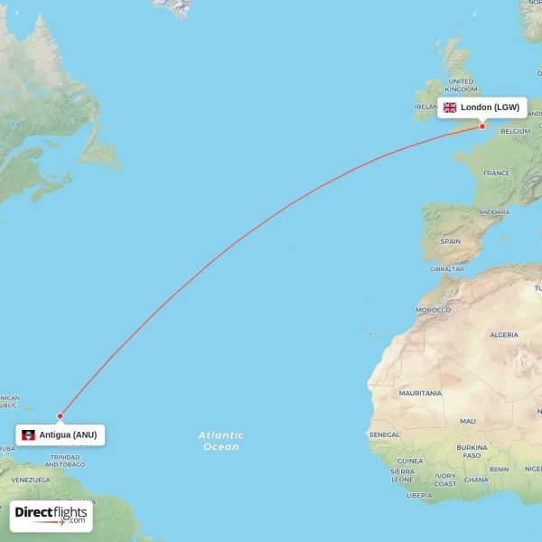 London - Antigua direct flight map