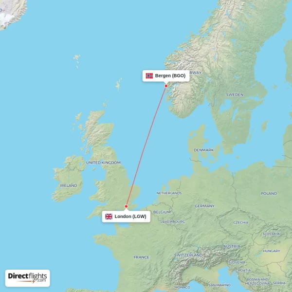 London - Bergen direct flight map