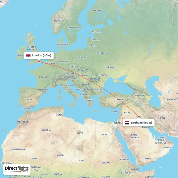 London - Baghdad direct flight map