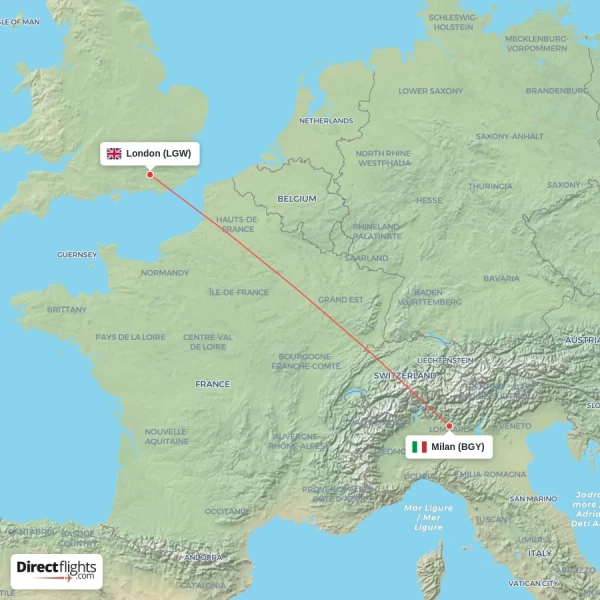 London - Milan direct flight map