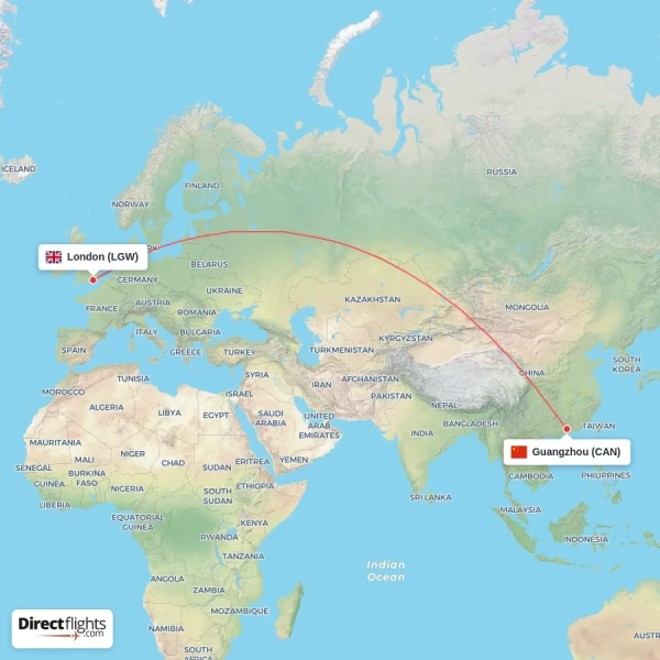 London - Guangzhou direct flight map