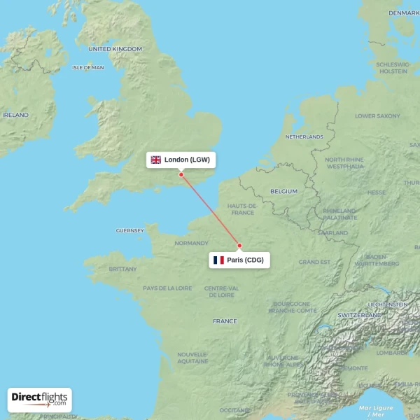 London - Paris direct flight map