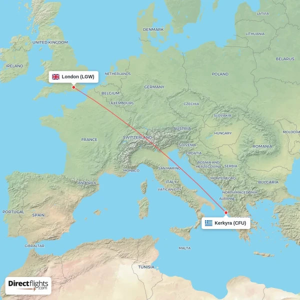 London - Kerkyra direct flight map