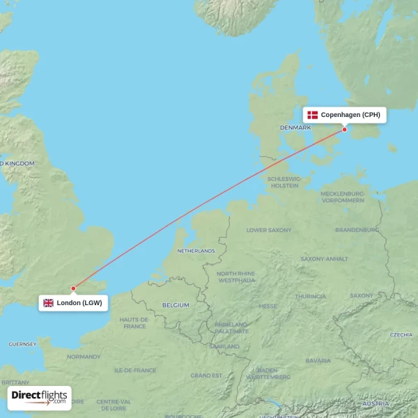 London - Copenhagen direct flight map