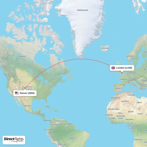 London - Denver direct flight map