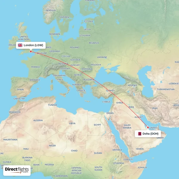 London - Doha direct flight map
